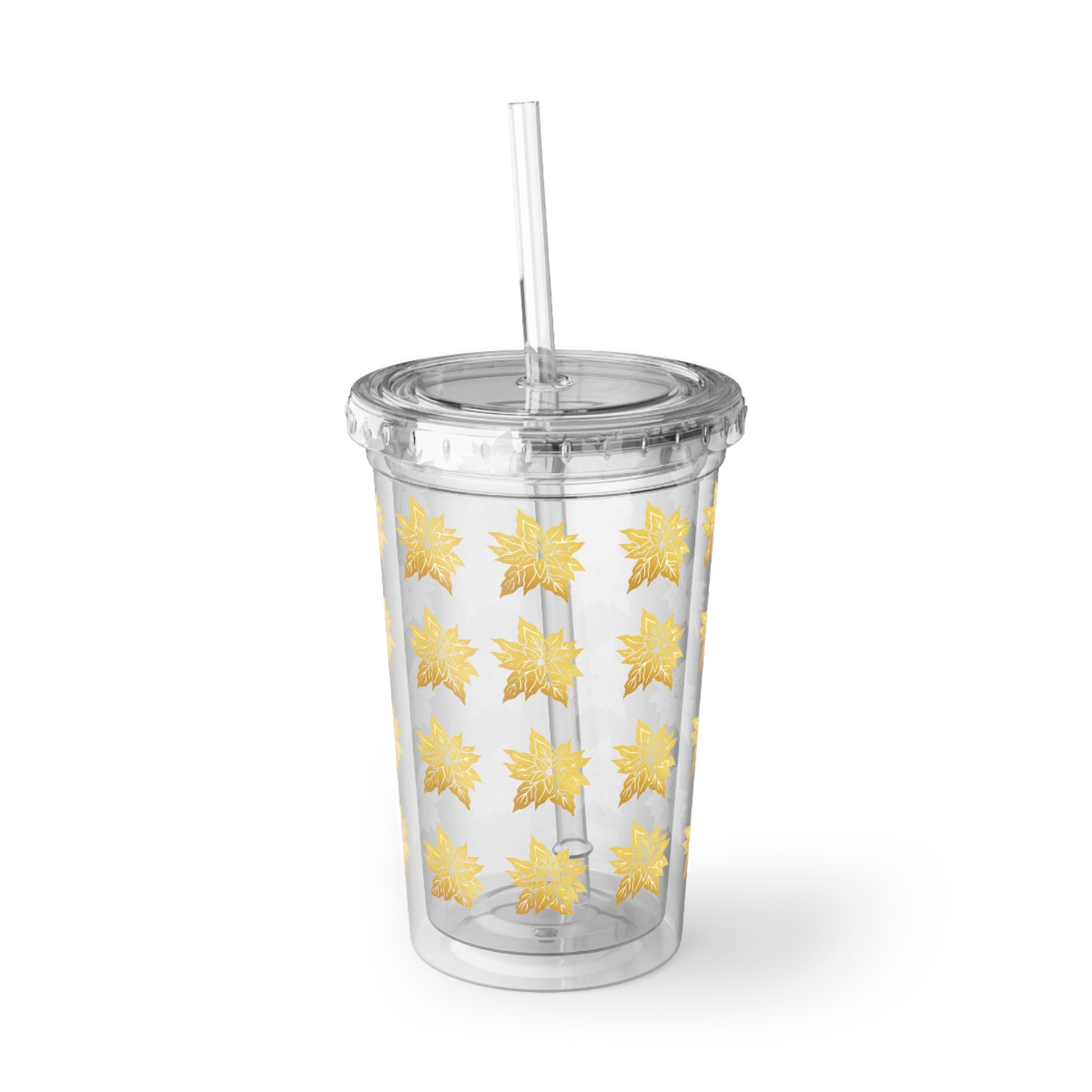 Gold Maple Leaf Acrylic Tumbler with Straw — Fall Floral Travel Cup