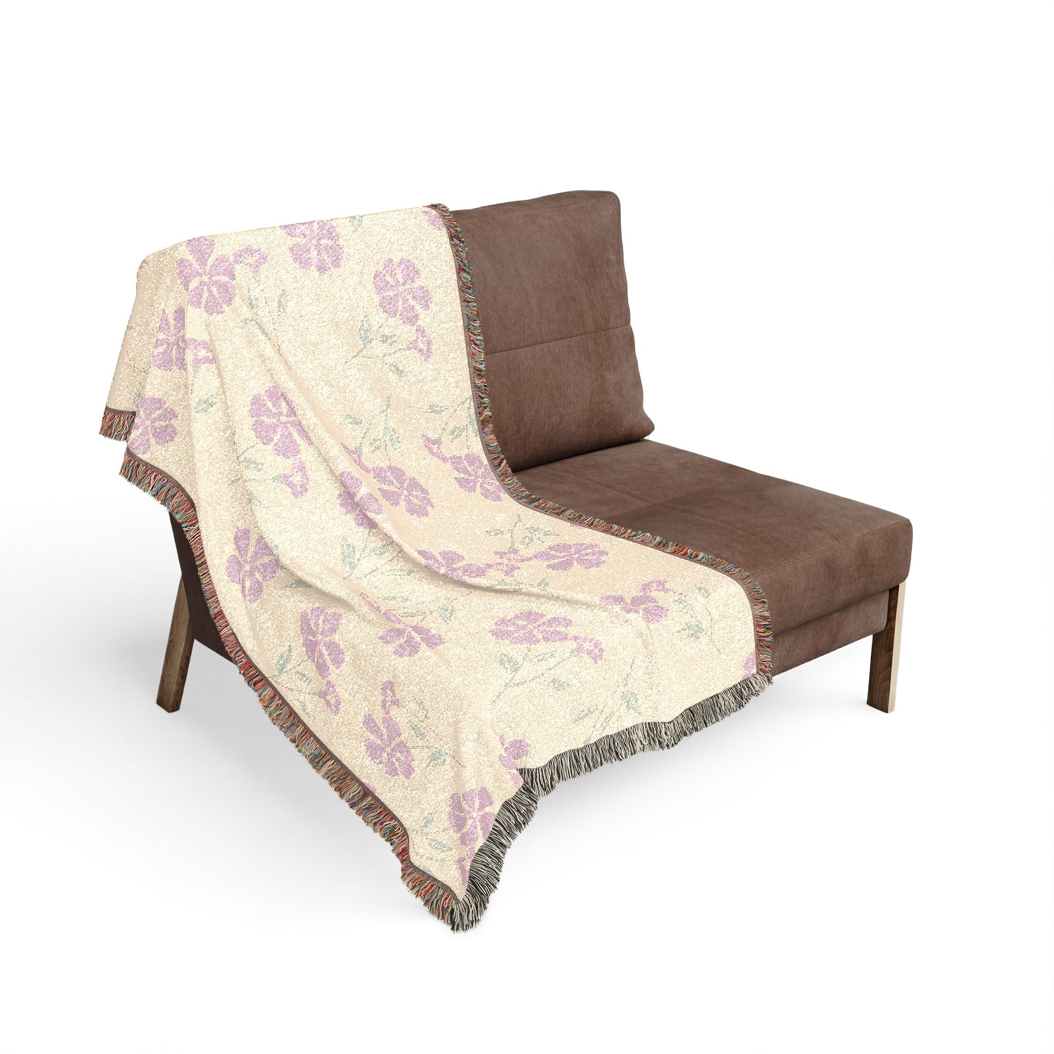 Pastel Floral Woven Blanket — Lavender Blossom Throw with Fringe