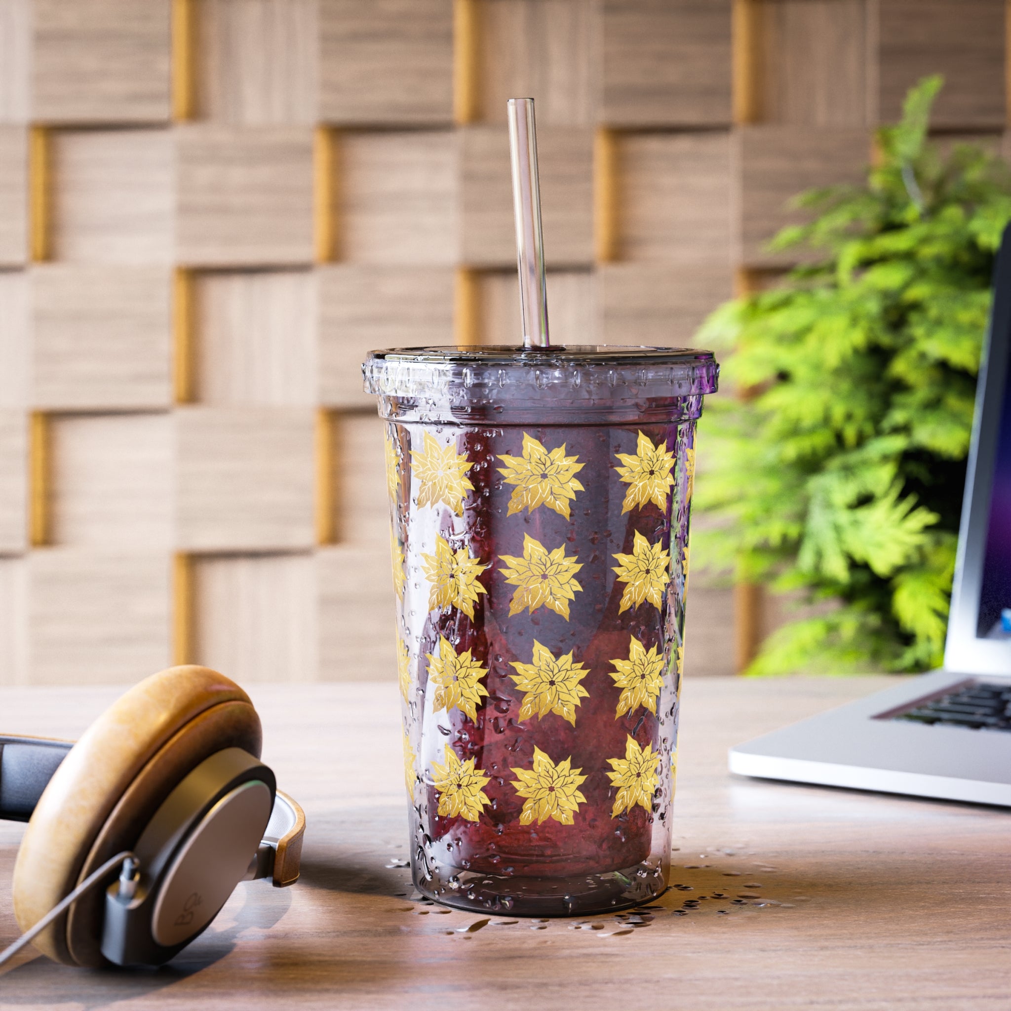 Gold Maple Leaf Acrylic Tumbler with Straw — Fall Floral Travel Cup