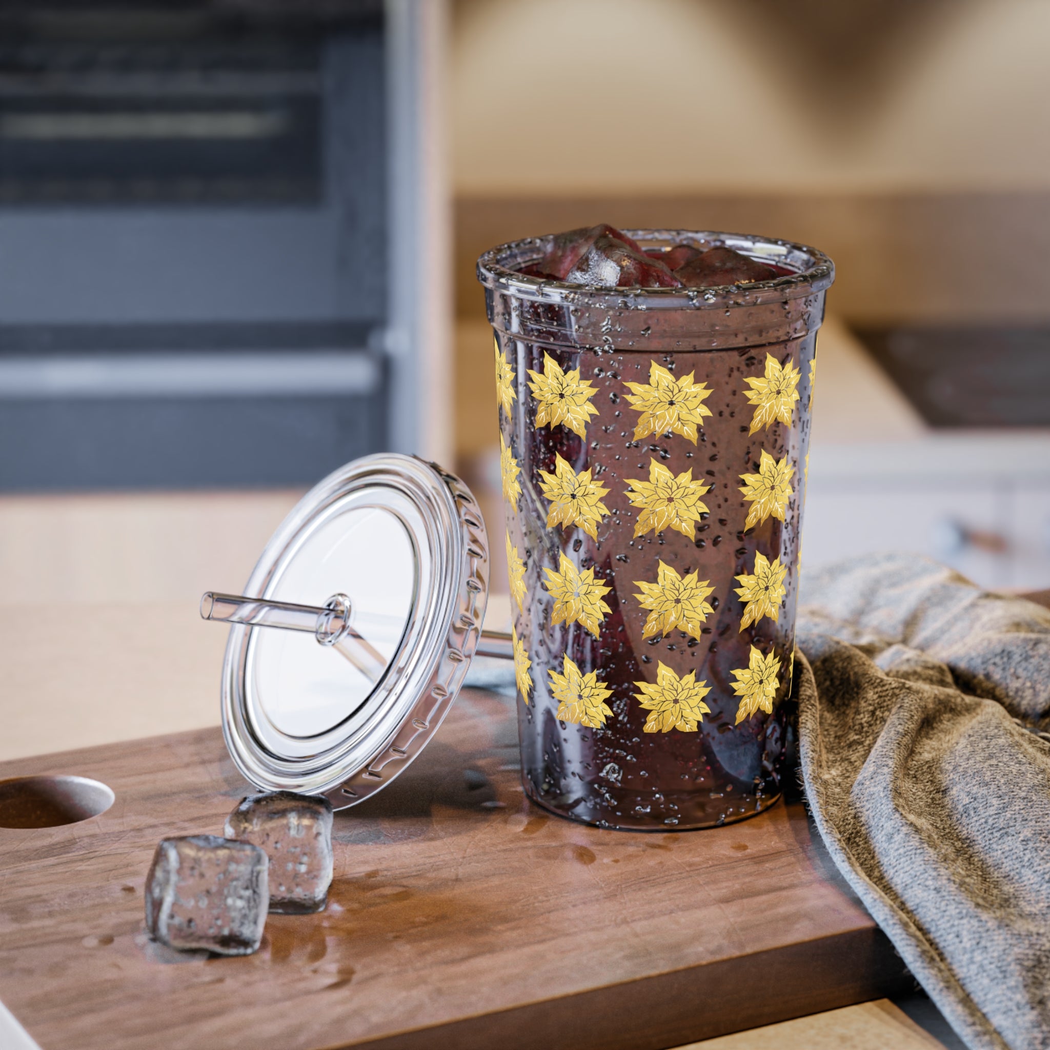 Gold Maple Leaf Acrylic Tumbler with Straw — Fall Floral Travel Cup