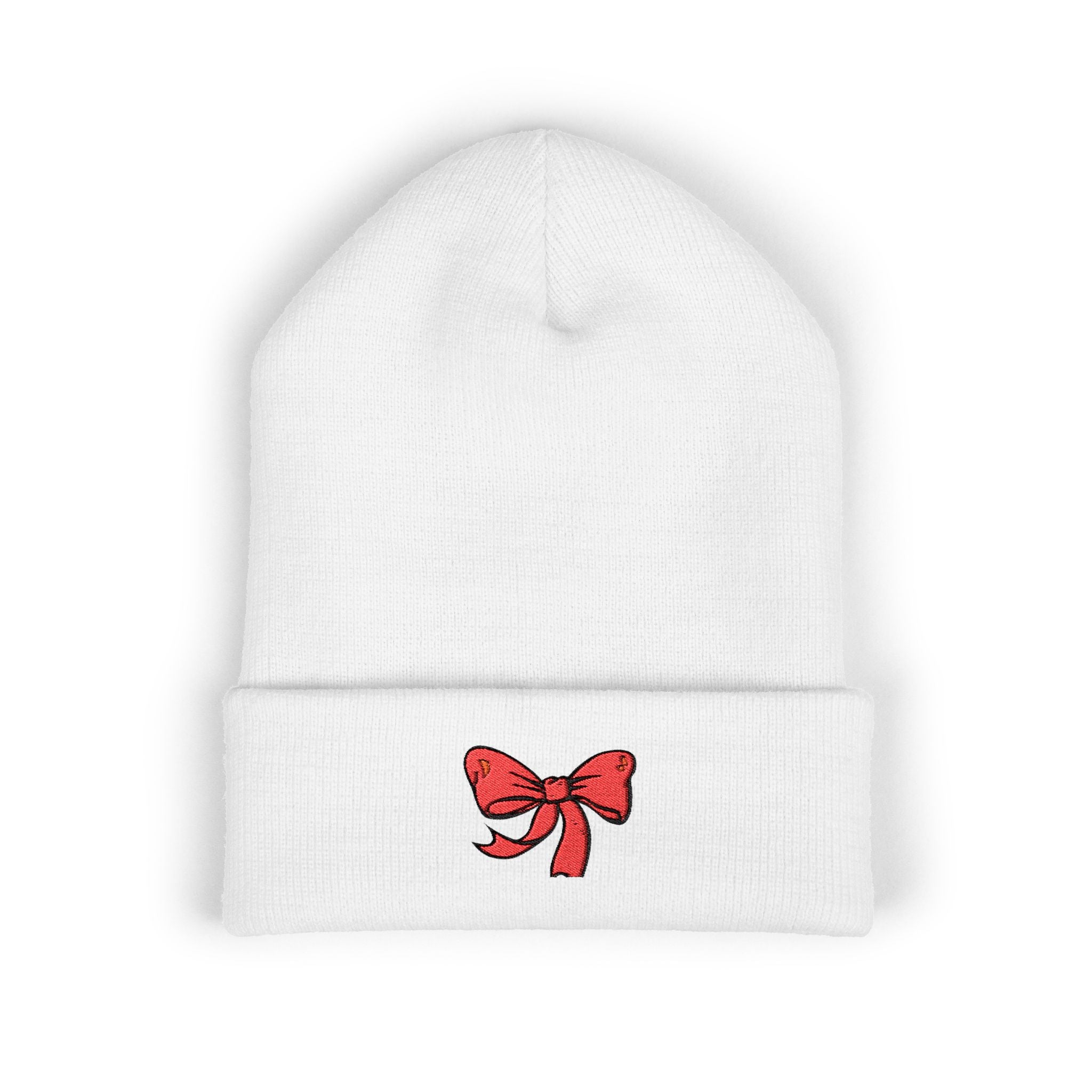 Embroidered Red Bow Cuffed Beanie — Cute Holiday Knit Hat
